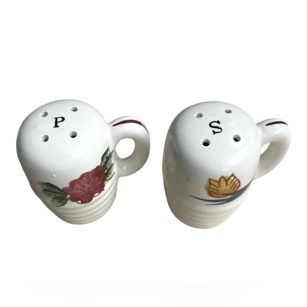 Vintage Hand Painted Floral Salt & Pepper Shakers Handles Portugal Style